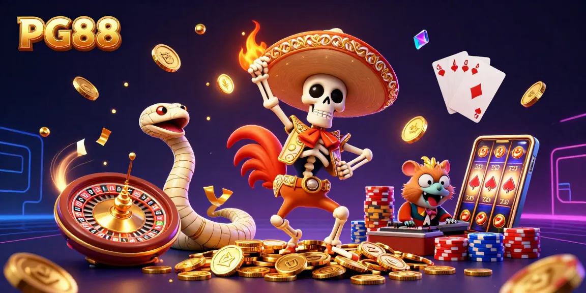 Experience exhilarating wins with PG88 in this vibrant 3D casino scene featuring dynamic characters and games.