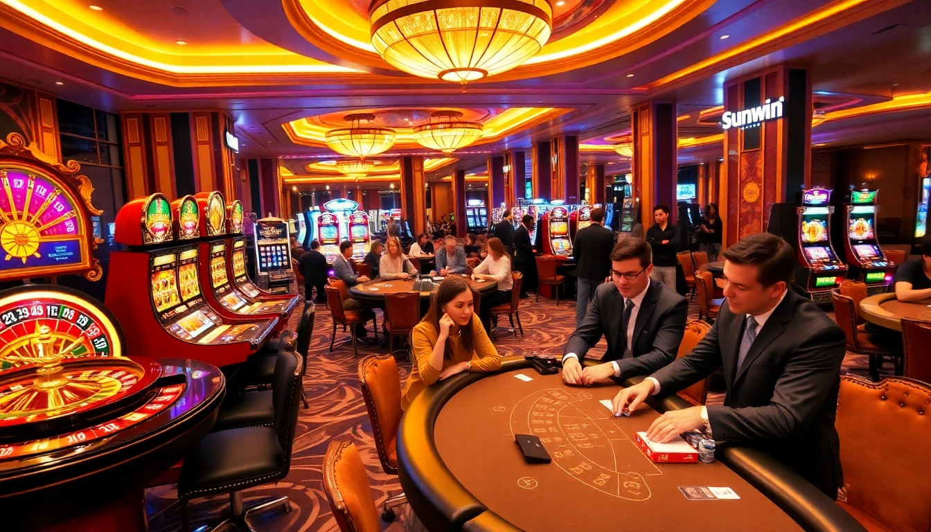 Players enjoying exciting games at Sunwin casino, featuring vibrant tables and slot machines.