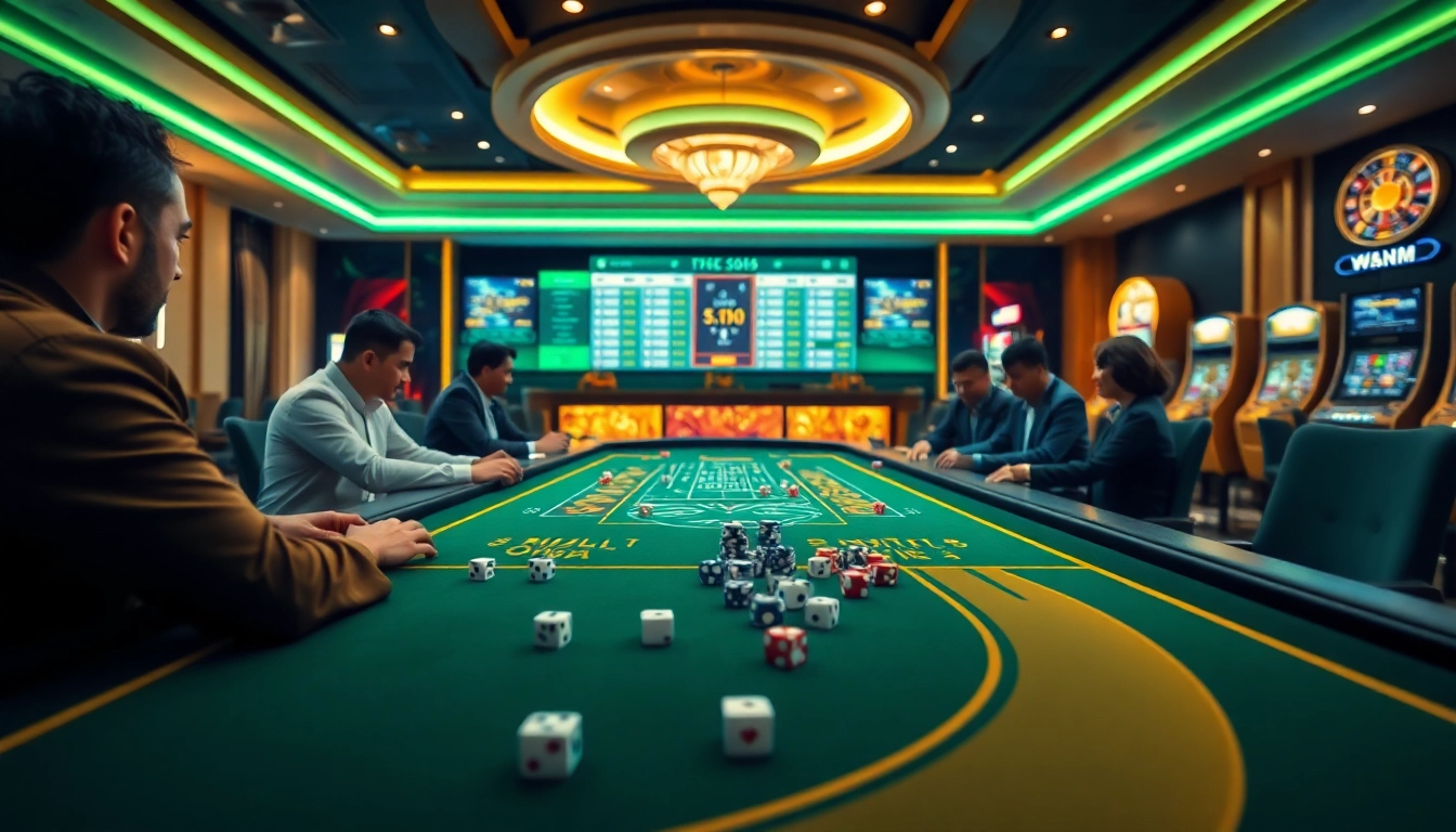 Xocdia88 casino scene showcasing players engaged in betting while surrounded by vibrant gaming elements.