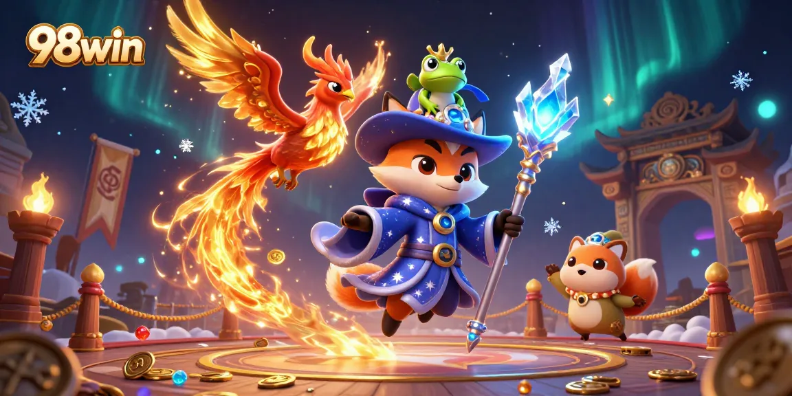 Experience 98win's thrilling atmosphere with a magical 3D casino scene depicting a wizard, phoenix, and enchanting game elements.
