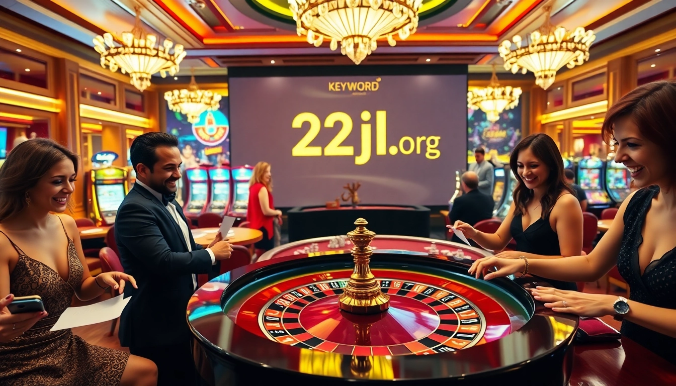 Players enjoying the thrill of online games at 22jl org casino with roulette and vibrant slot machines.