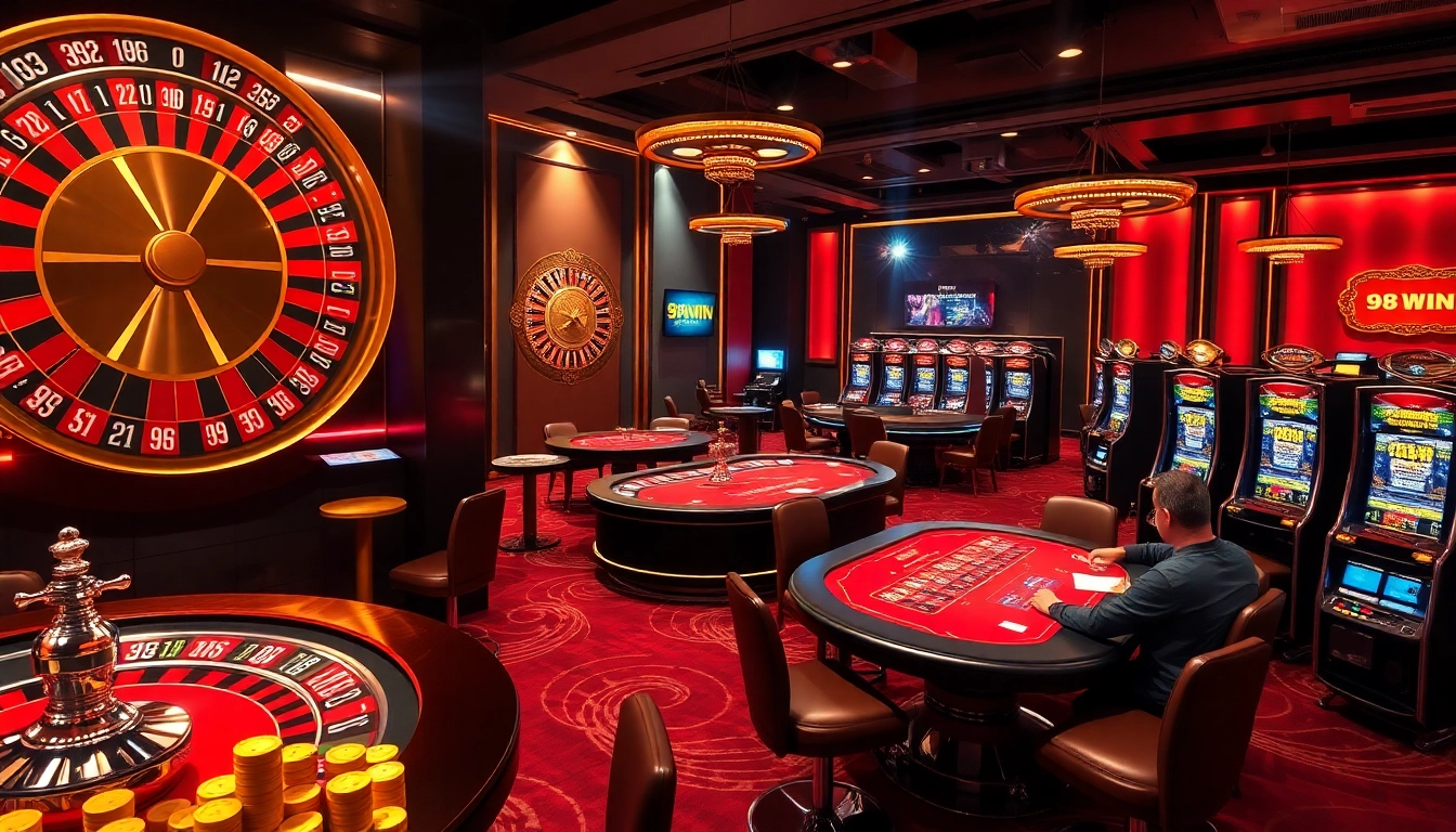 98WIN casino scene featuring poker tables, roulette wheel, and slot machines for thrilling gameplay.