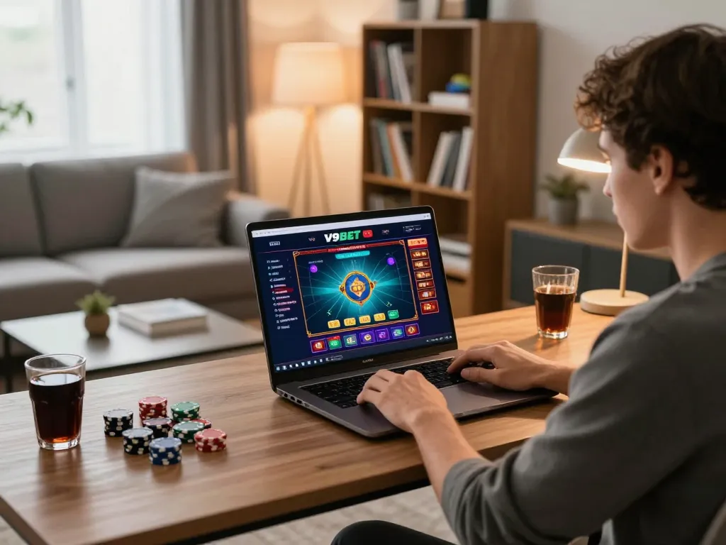 Engaging in online gambling at V9BET, showcasing a vibrant gaming screen and relaxed atmosphere.