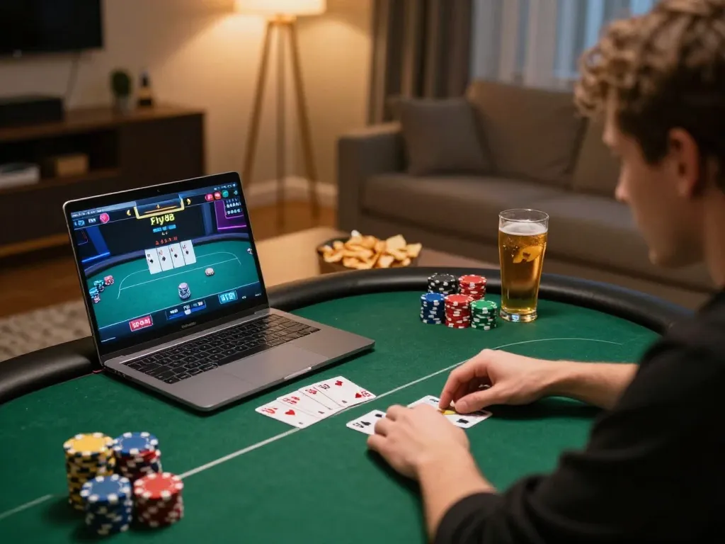 Engaging in an online Fly88 poker game, showcasing strategic gameplay at home with snacks and laptop