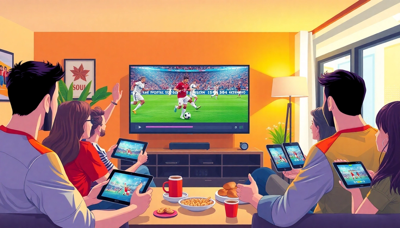 Socolive live football streaming experience with cheering fans and modern devices.