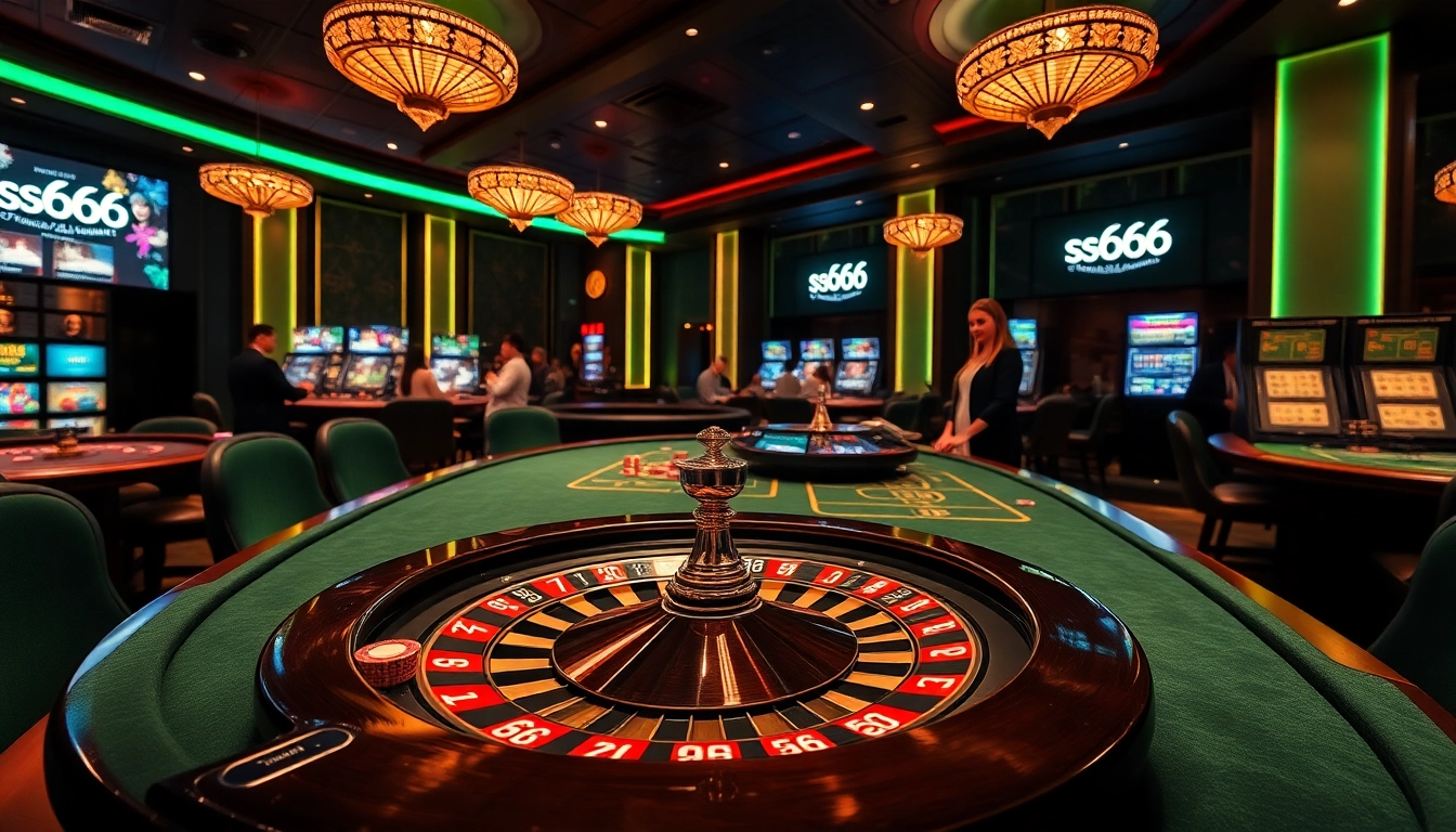 S666 casino: Engaging players at a luxurious gaming table with vibrant poker chips and a stylish roulette wheel.