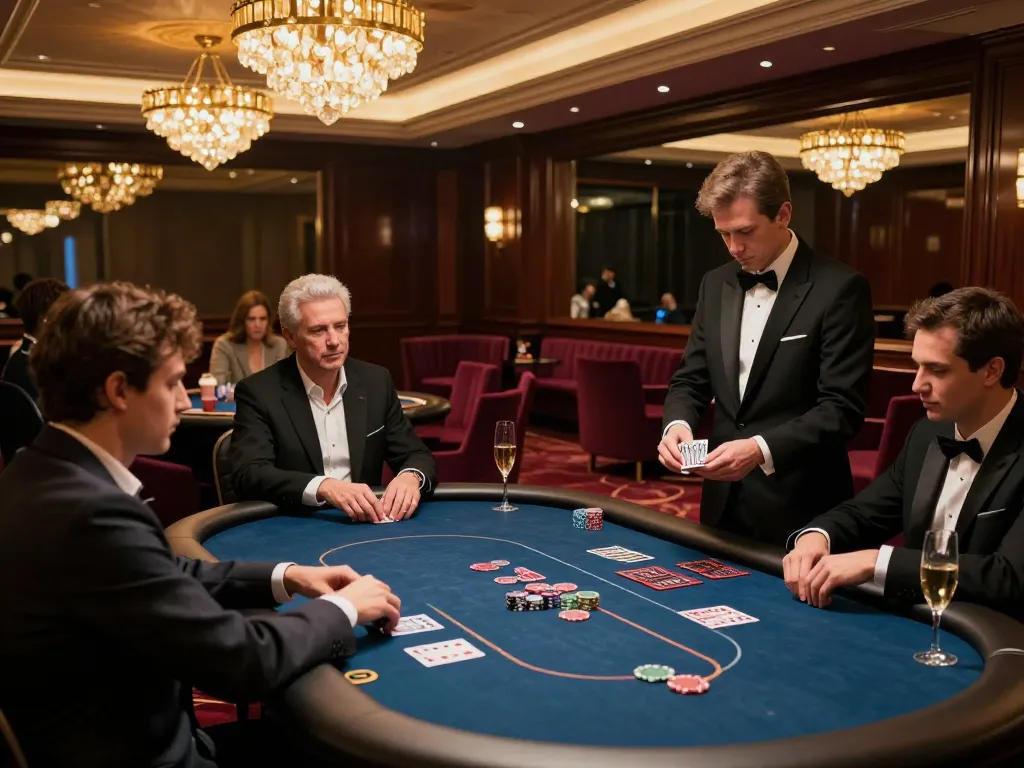 MAY88 VIP gaming experience showcasing exclusive poker table with engaged players and attentive dealer.