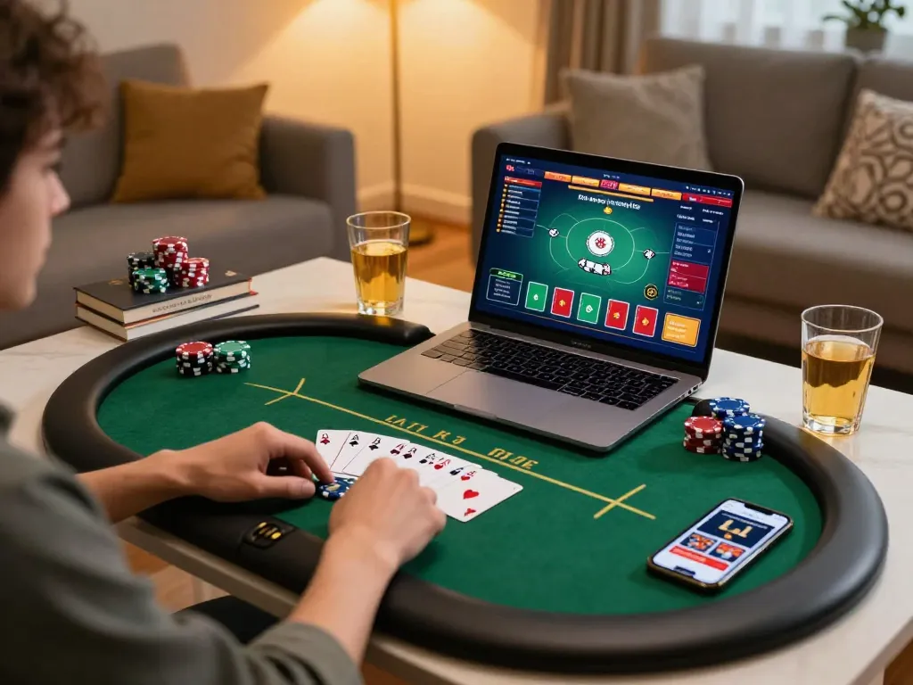 Player enjoying a strategic game on sunwingo laptop, chips and cards displayed in a cozy home setting.