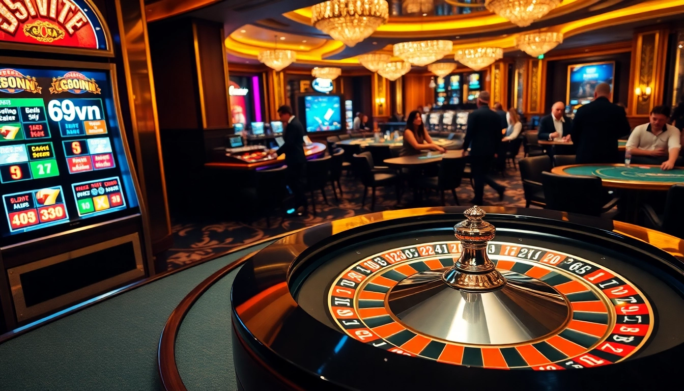 Engage in thrilling casino games at 69vn with vibrant slots and a stunning roulette wheel.