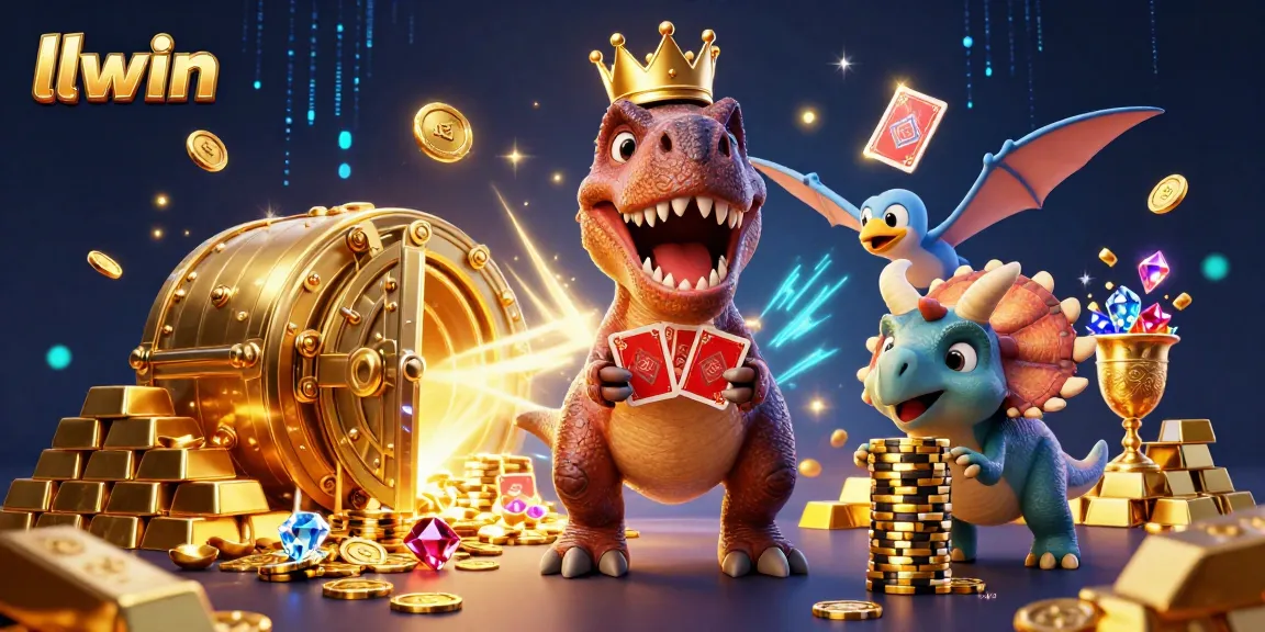 llwin players stack golden chips in a vibrant 3D casino adventure with a lively dinosaur theme
