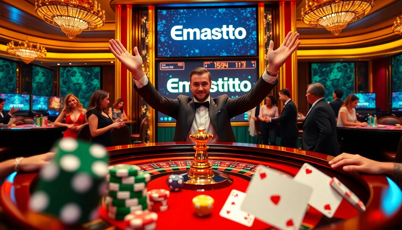 Players winning big at Emastoto's exciting roulette table in a luxurious casino setting.