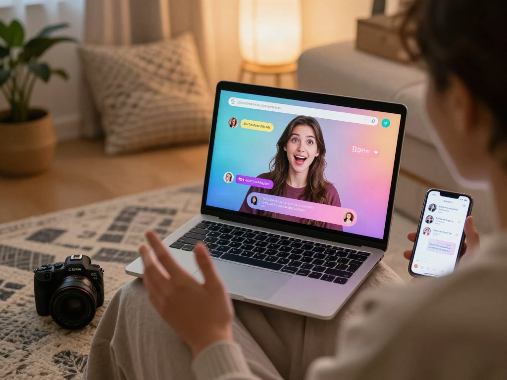 Engaging sex chat AI conversation in a cozy modern setting, showcasing digital interaction.