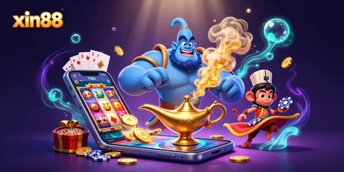 Spin the reels with xin88 in a vibrant 3D casino illustration featuring a genie, monkey, and poker chips.