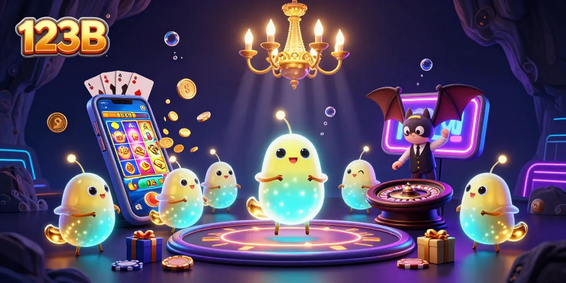 Experience the excitement of 123B with glowworms lighting up a vibrant casino scene featuring slot games and roulette.