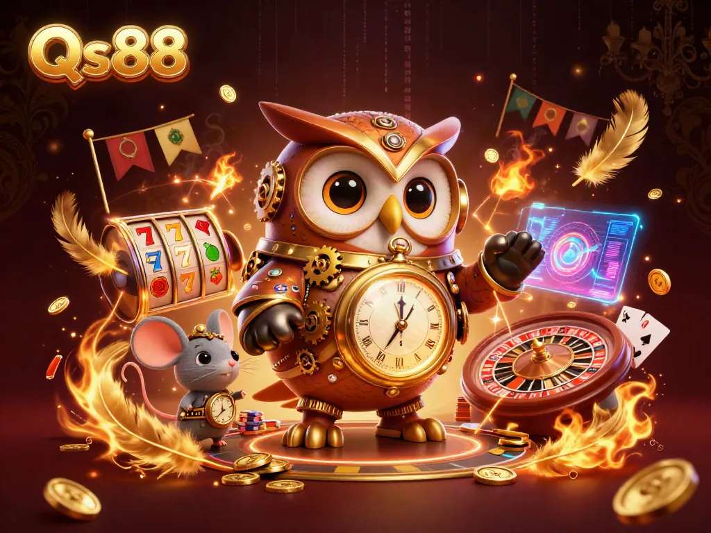 Experience Qs88's thrilling casino atmosphere with steampunk owl and lively games.