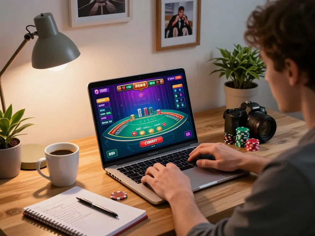 Player engaging in cm88 online blackjack strategy with focused expression at a stylish desk setup.