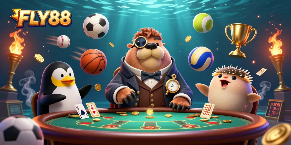 Experience thrilling underwater poker with FLY88’s jolly walrus, sophisticated dealer, and playful pufferfish.