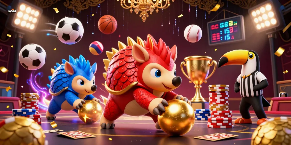 Join the excitement of XO88 where rival pangolins compete amid golden poker chips and dynamic sports elements.