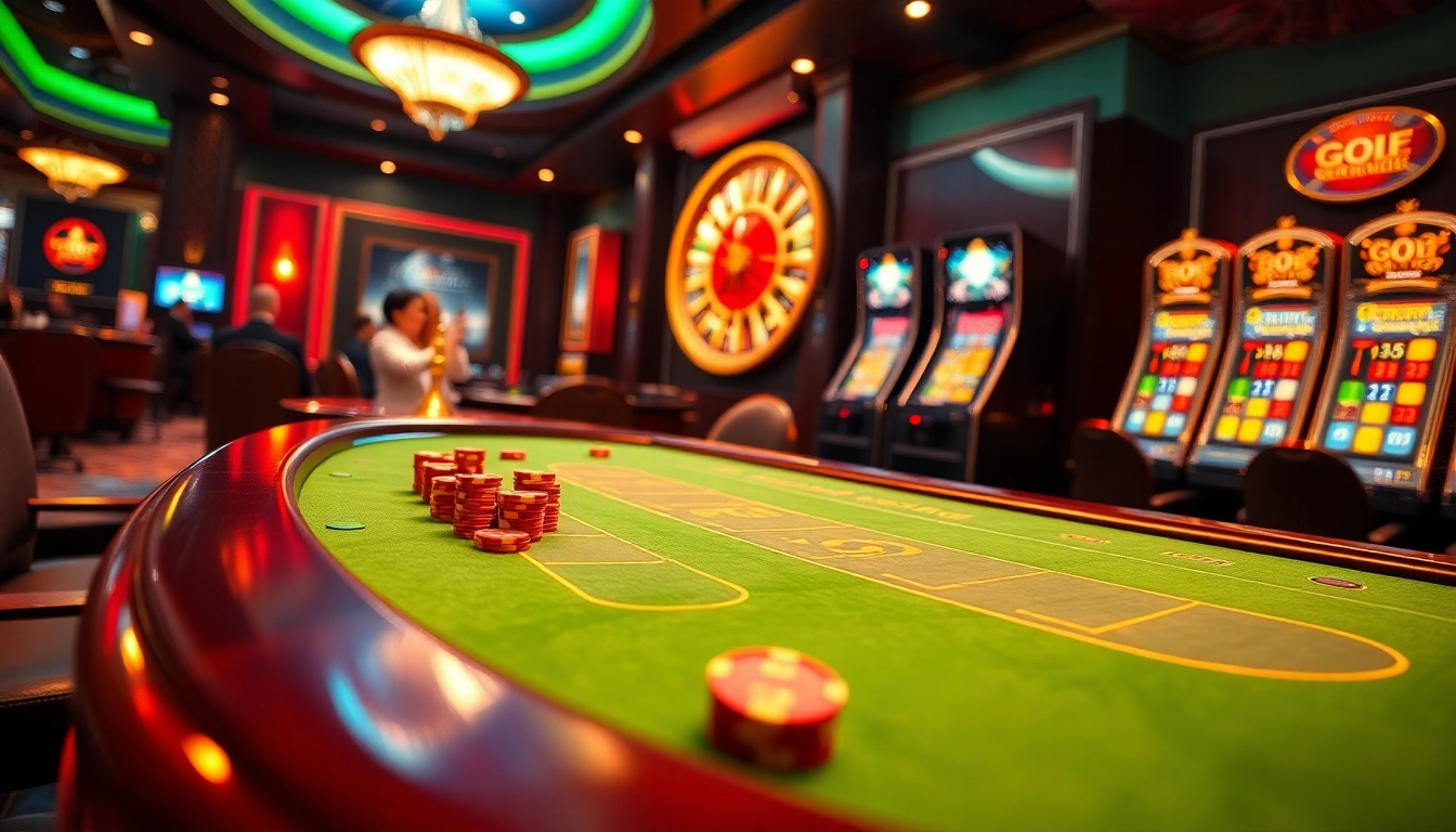 GO8 gamblers celebrating a big win at a vibrant casino table with colorful chips and lights.