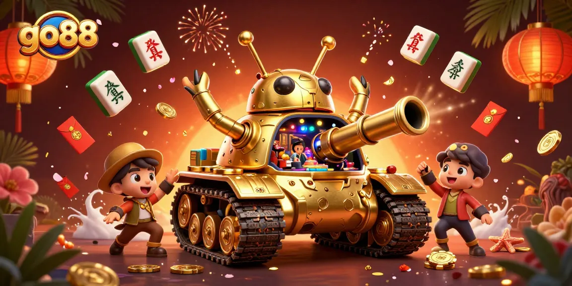 Experience the excitement of go88's vibrant casino world, featuring golden tank, games, and festive elements.