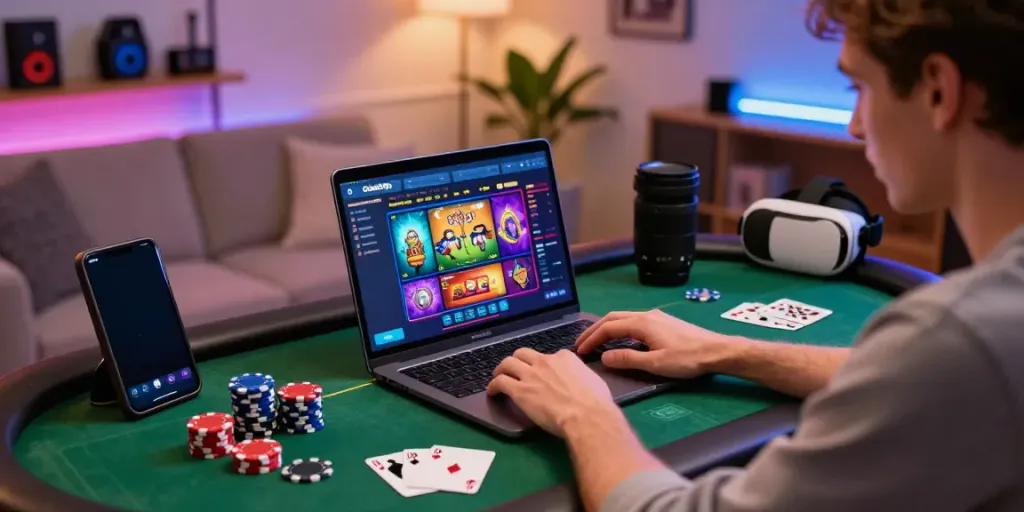 Player engaging with online casinos not on GamStop at a stylish gaming desk.