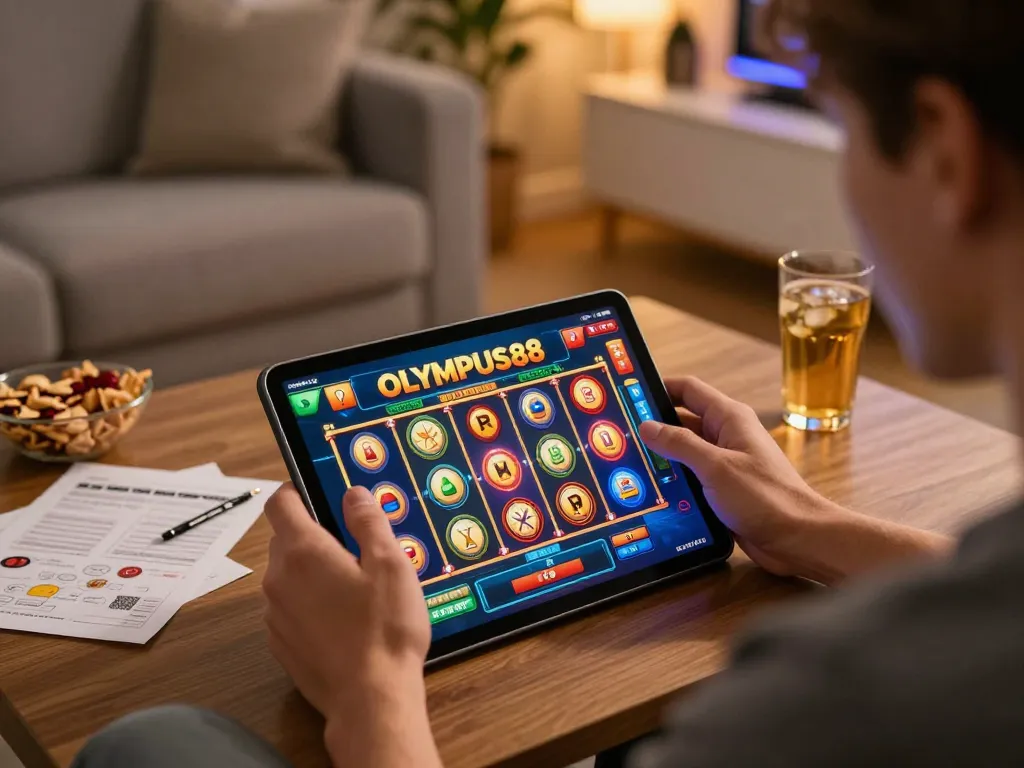 Player engaging with OLYMPUS88 slot game on tablet, showcasing a vibrant online gaming atmosphere.