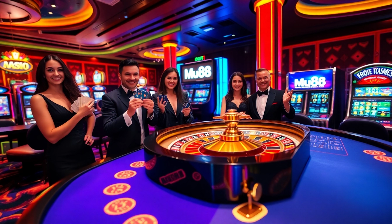 Players enjoying a thrilling game at Mu88 casino, filled with excitement and vibrant lights.