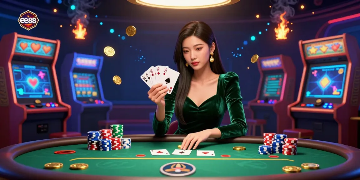 Experience the thrill of ee88 at a luxury poker table with vibrant casino elements surrounding.