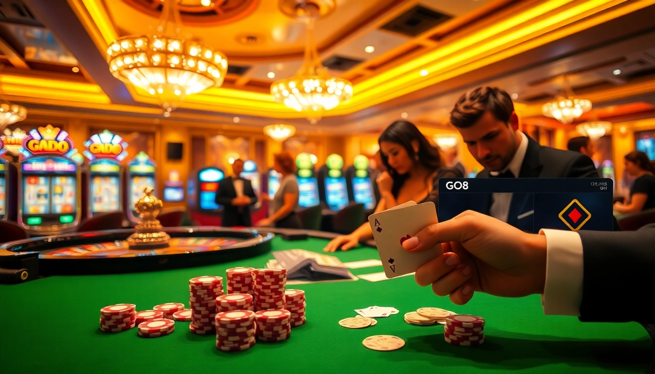 Experience thrilling gambling action at https://go8s.bio/ with poker chips and roulette wheels.