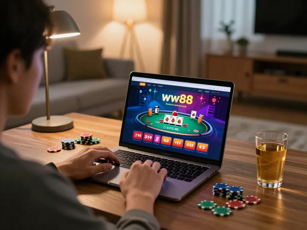 Engaging in online poker with the ww88 casino interface in a cozy home setup
