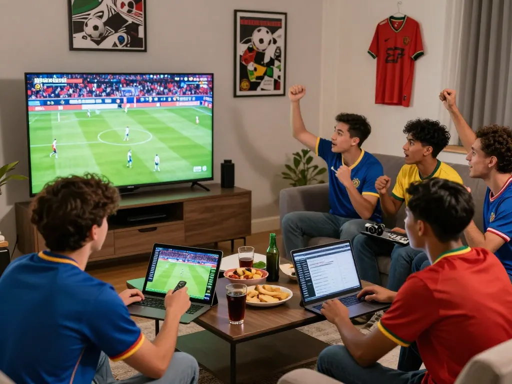 Group of friends enjoying a live soccer match on Socolive, with vibrant jerseys and snacks in a lively atmosphere.