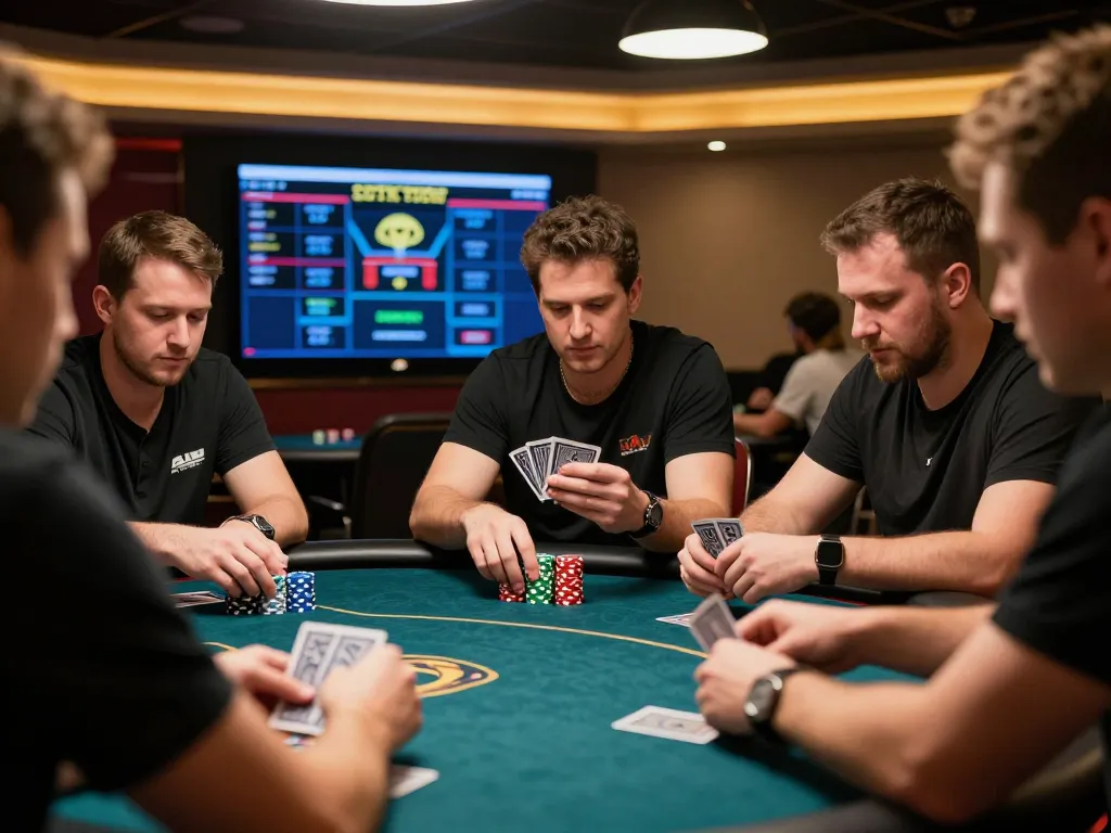 Players strategizing at EA77's virtual poker table, showcasing an immersive online gaming experience.
