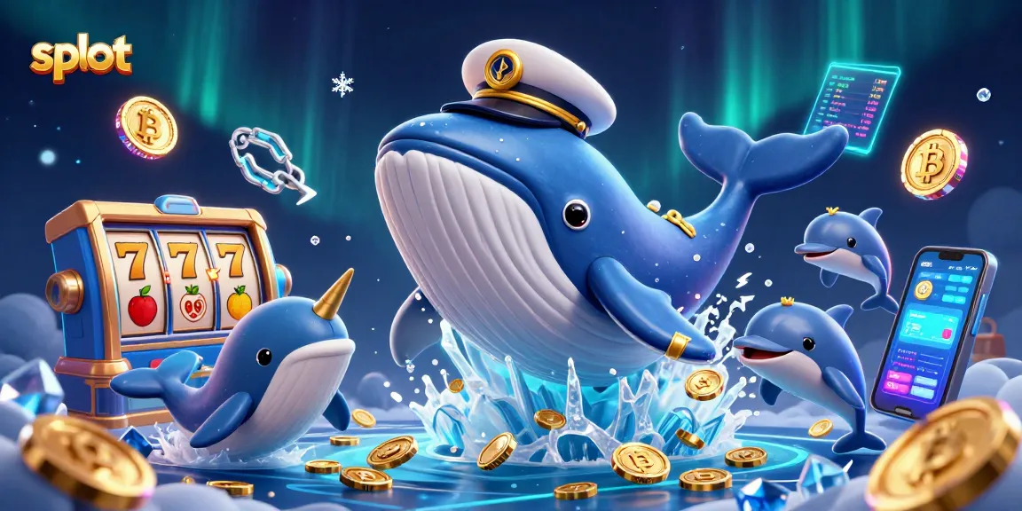 Play slots with a spectacular whale, narwhal, and dolphin scene, showcasing colorful reels and cryptocurrency.