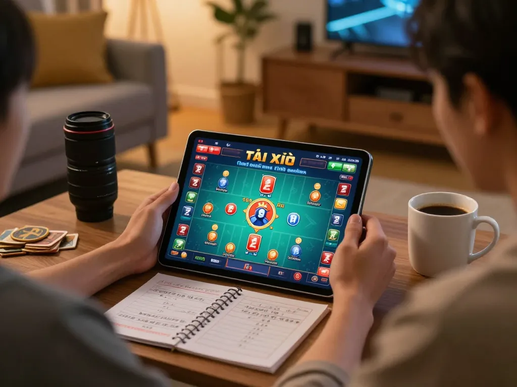 Tài Xỉu players engaging in online gaming strategy from home, showcasing tablet screen and cozy environment