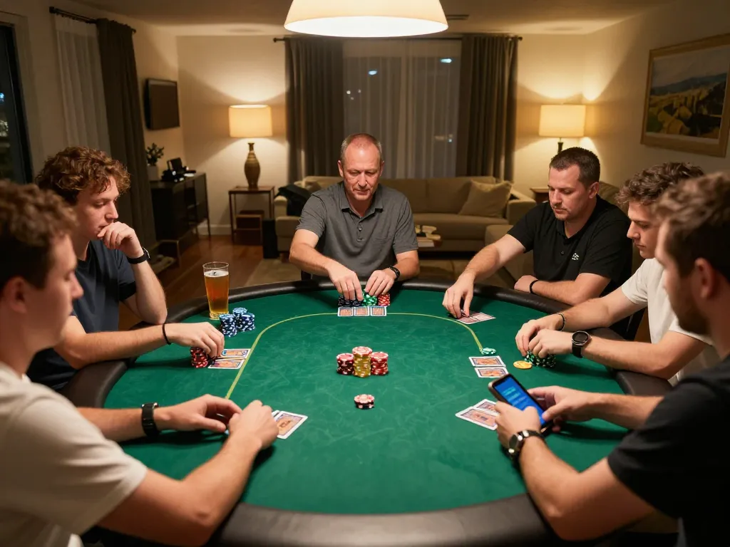 Socolive players enjoying poker night, showcasing strategy and social interaction in a stylish home.