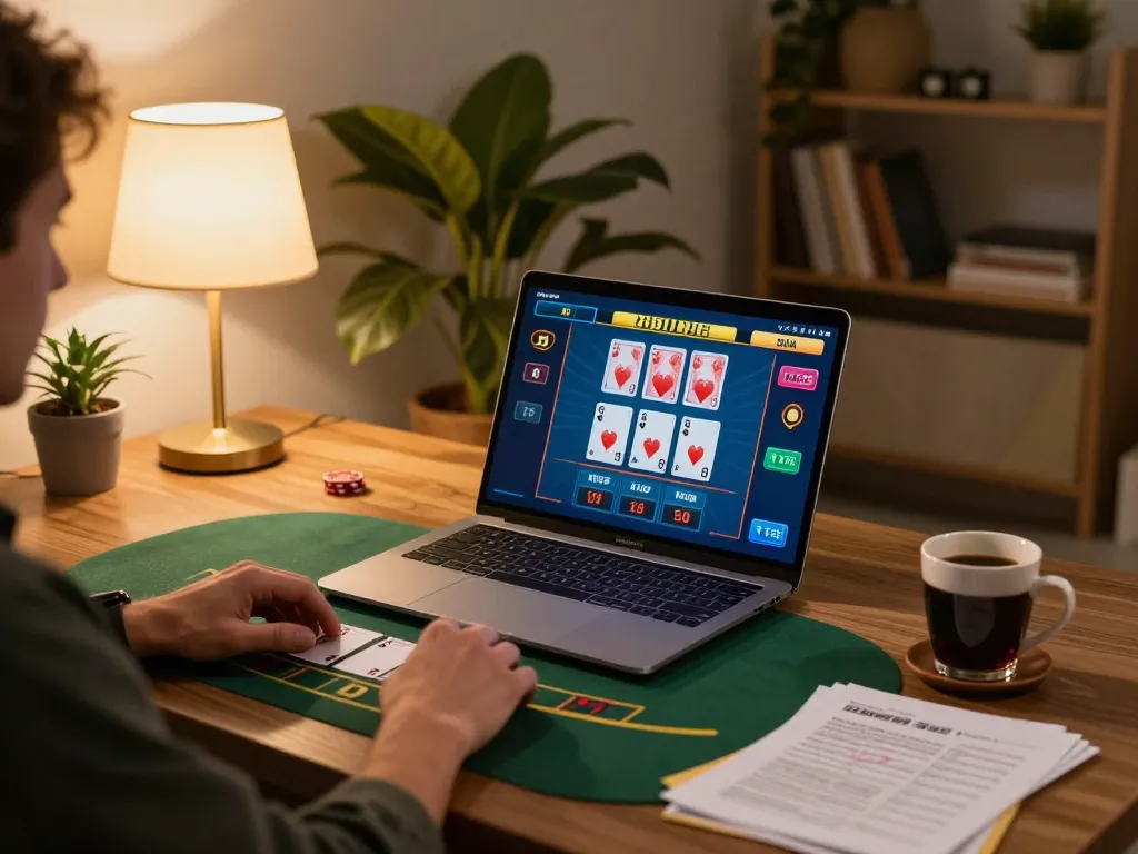 MMOO player engaging in live blackjack strategy at home, showcasing a bright screen and cozy atmosphere