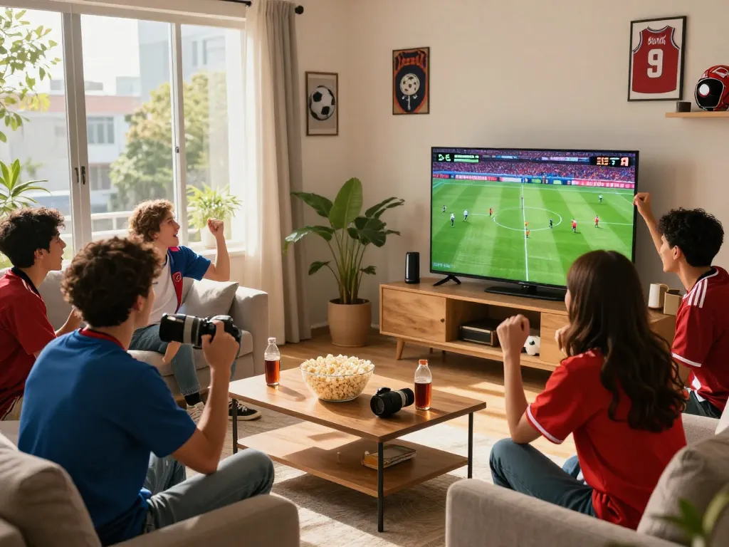 Okwintv viewers enjoying a live football stream in a lively living room atmosphere.