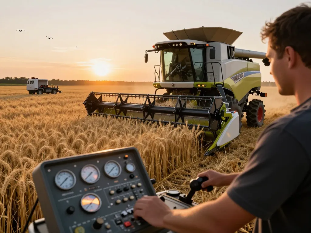 Operator harvesting wheat with the New Holland TR88 combine harvester during sunset in a golden field.
