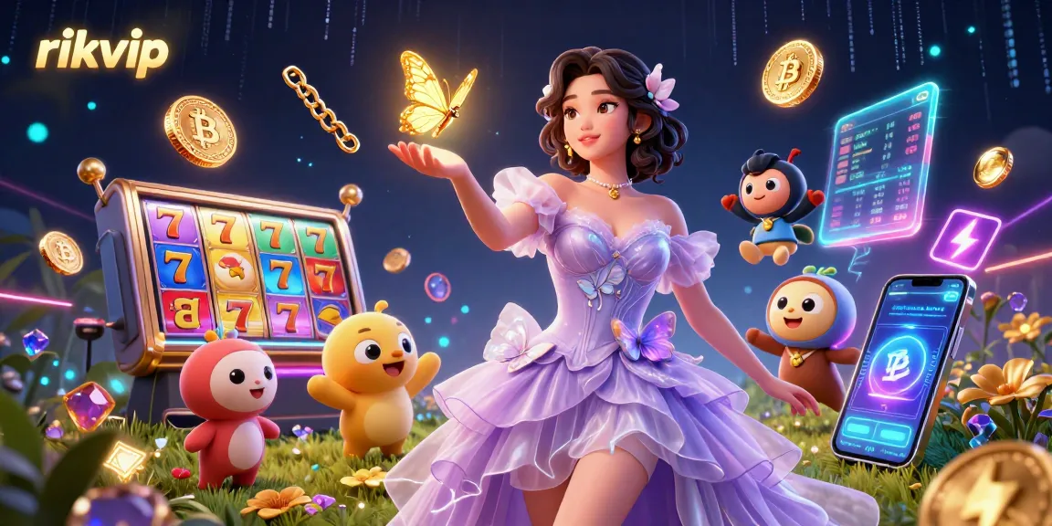 Engage with rikvip at an immersive casino scene featuring slot reels and vibrant animations.