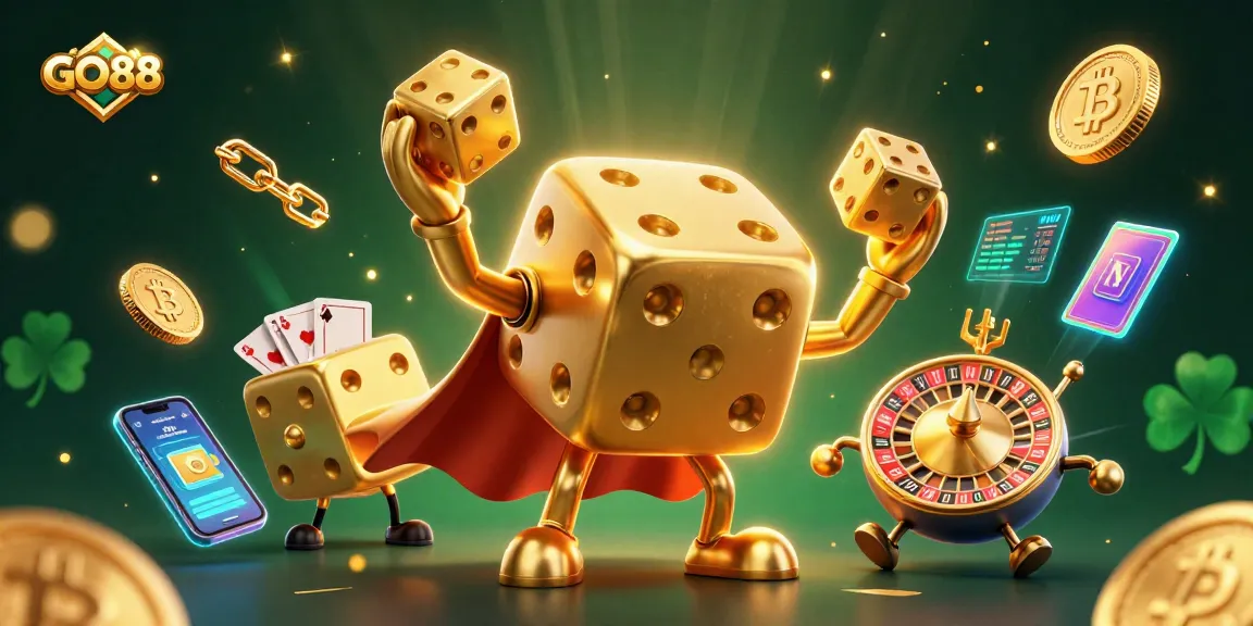 GO88 showcases thrilling dice dynamics with golden golem and crypto elements in a vibrant casino illustration.