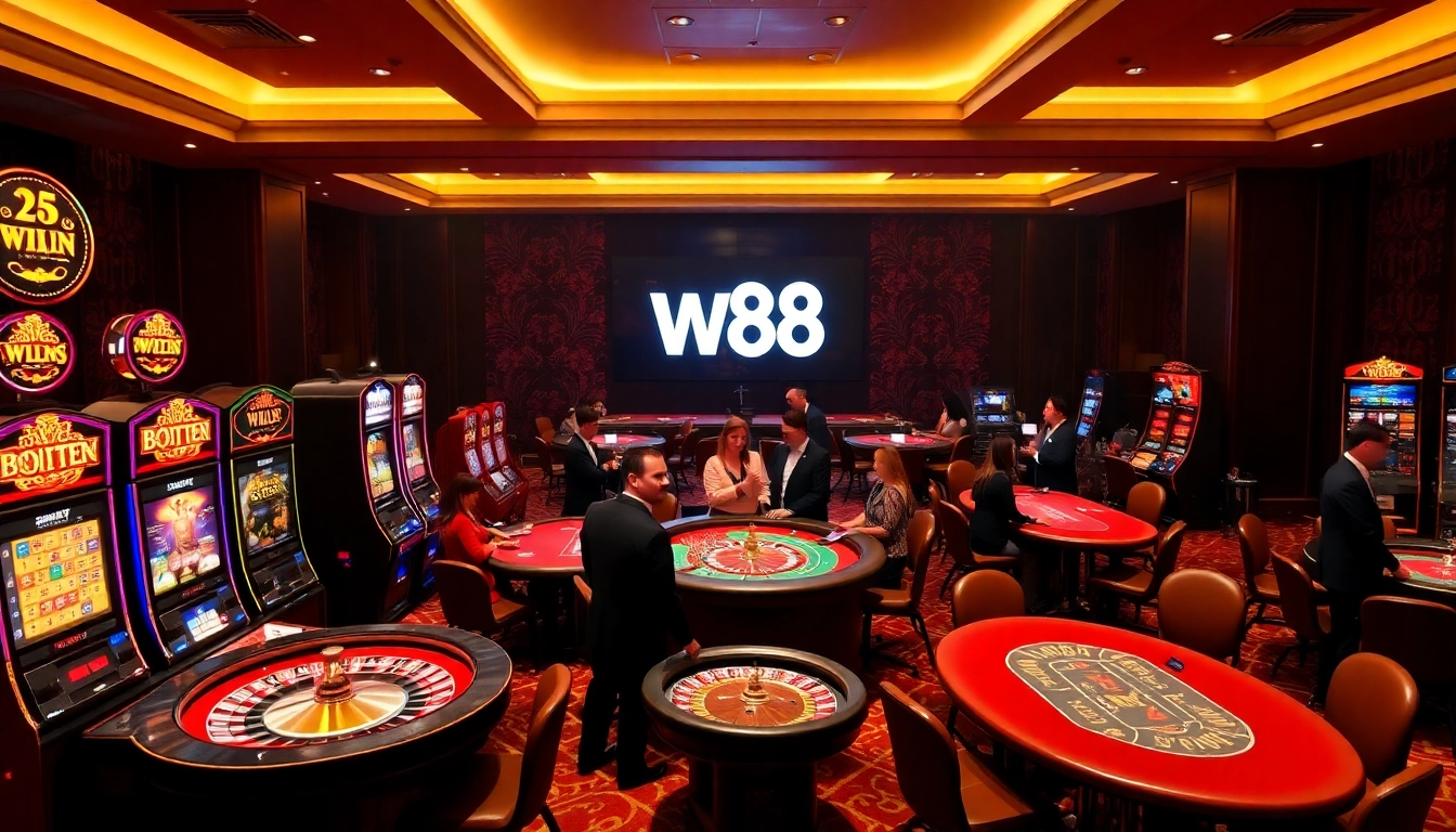 Experience thrilling gameplay at nhà cái w88 with stunning casino visuals featuring tables and slot machines.