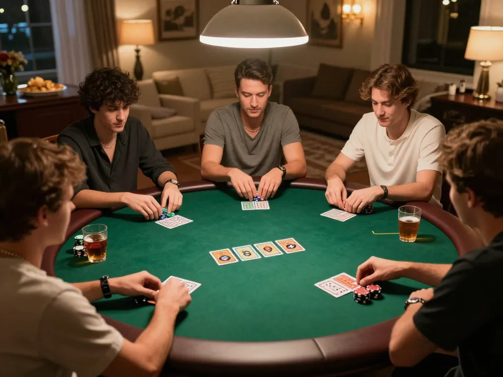 Kèo Nhà Cái poker game night with players at a table, showcasing strategic betting and attentive gameplay.