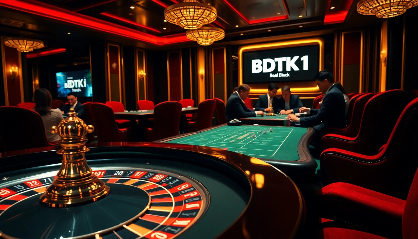 Experience thrilling BDTK1 casino gameplay with poker chips and roulette under glamorous lighting.