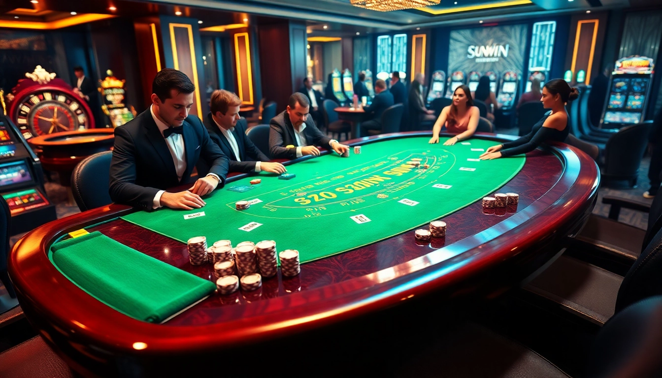 Players enjoying a thrilling blackjack game at Sunwin's luxury casino table.