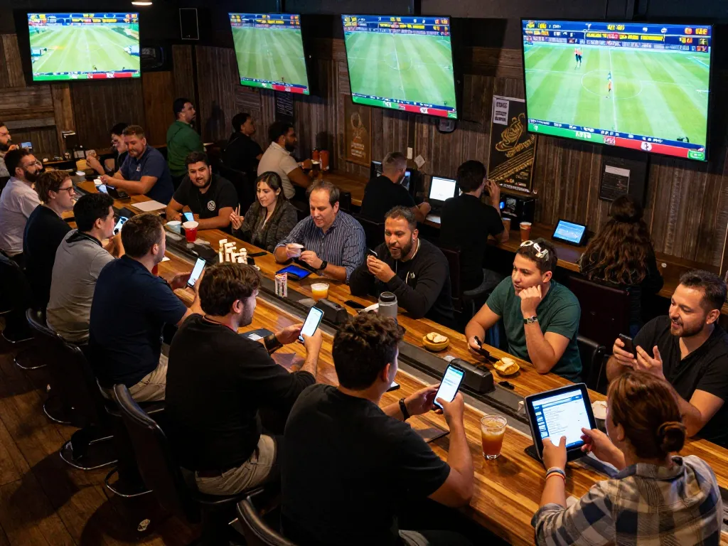 Engaged sports fans using 789win app while watching live matches in exciting bar atmosphere.