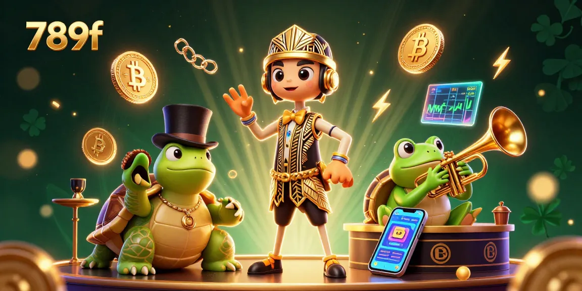 Experience the excitement of 789f as cartoon characters embrace vibrant casino action amidst digital currency elements.