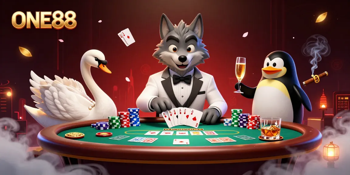Engage with ONE88's thrilling baccarat game scene featuring dynamic casino characters.