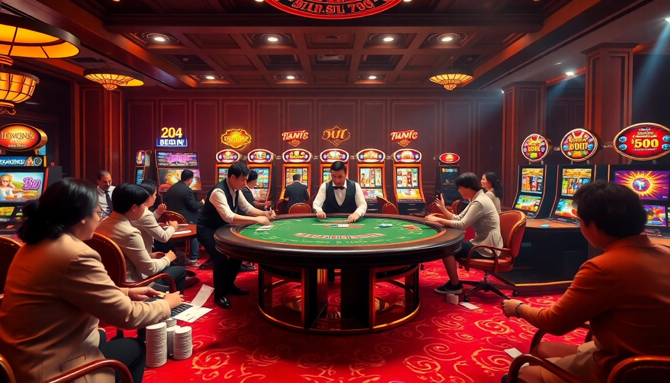 Exciting 888VND VIP casino atmosphere featuring players at a blackjack table and vibrant slot machines.