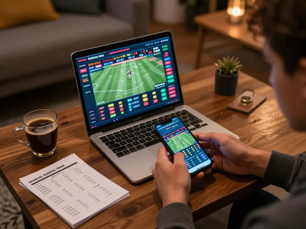 Engaging in strategic sports betting on a smartphone, showcasing nhà cái uy tín in a comfortable lounge.