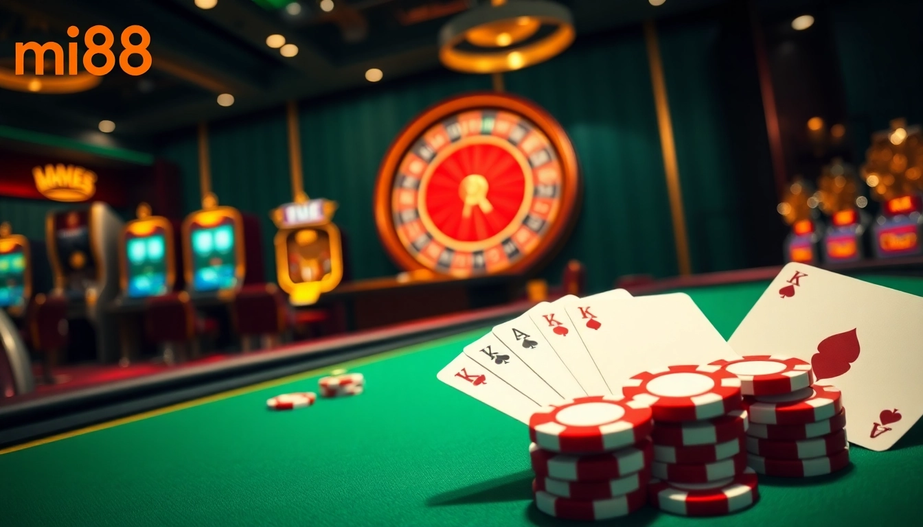 Play thrilling games at mi88, enjoying a vibrant casino atmosphere complete with exciting gambling elements.